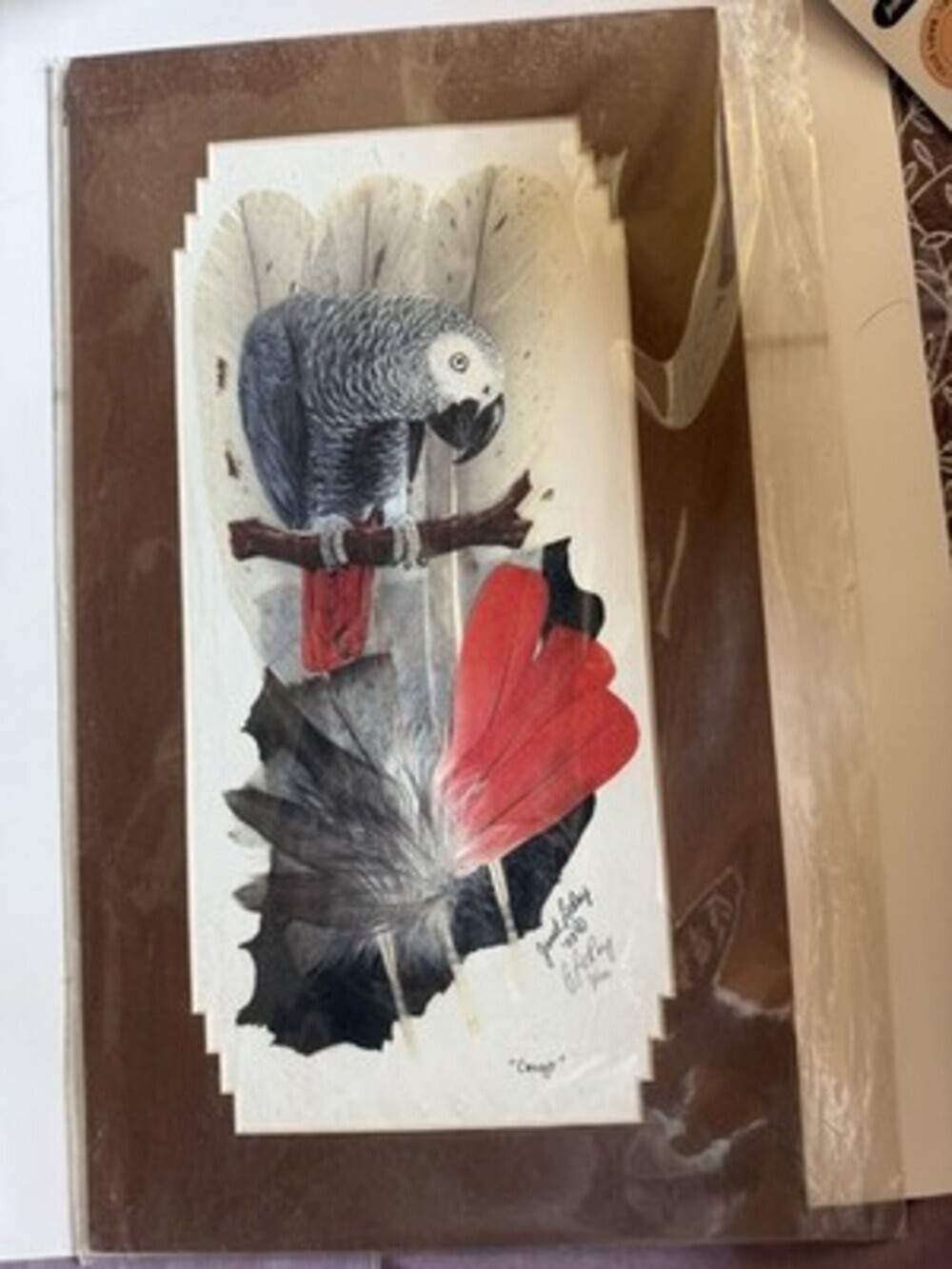 Janet LeRoy Signed Numbered Print "Congo" 3/100 African Grey Parrot Feather Art - Picture 1 of 3